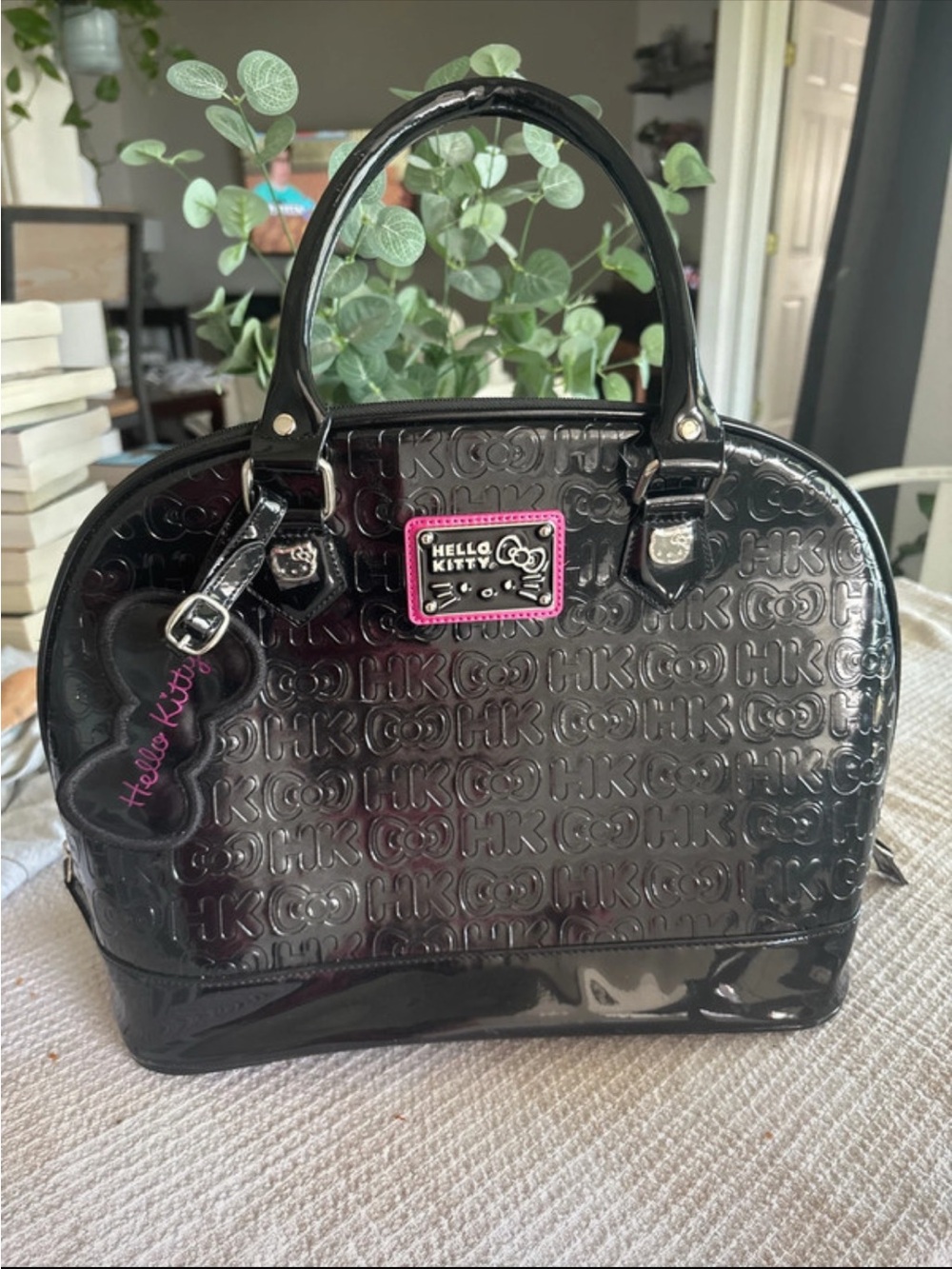 Hello Kitty Black Patent Embossed Satchel with Pink Logo Plaque